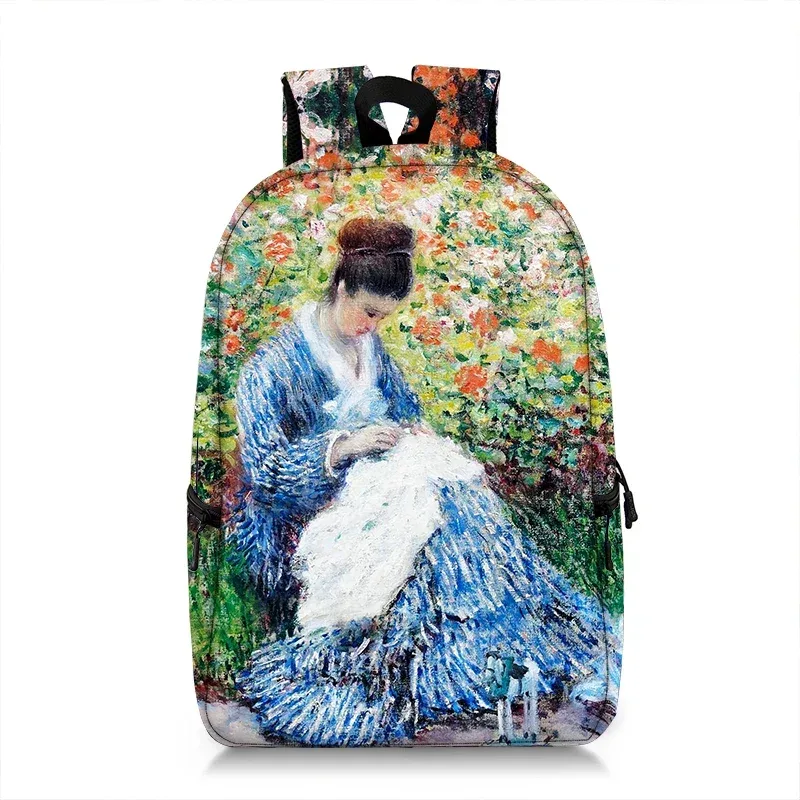 sac à dos peinture à l'huile de claude monet gustability klimt van gogh, cartable de nuit étoilée, baiser de tournesol, cartable de voyage pour femme