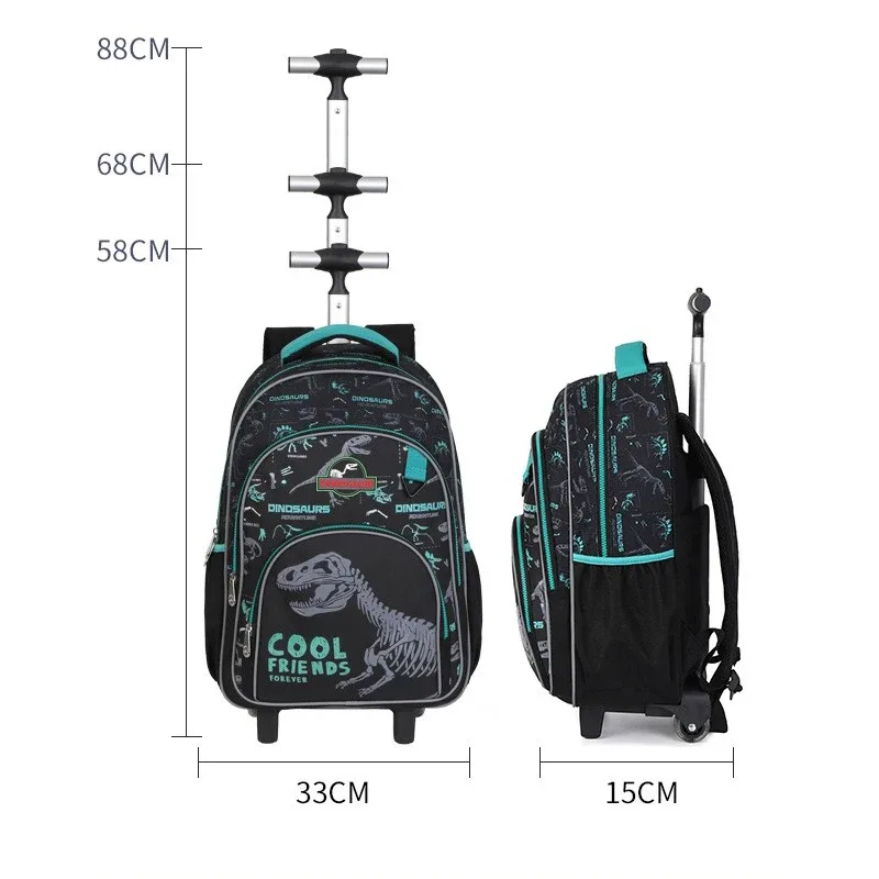 valise sac dos roulettes polyester noir bleu marine motif dinos saillies poche latérale épaule usage enfant garçon école voyage