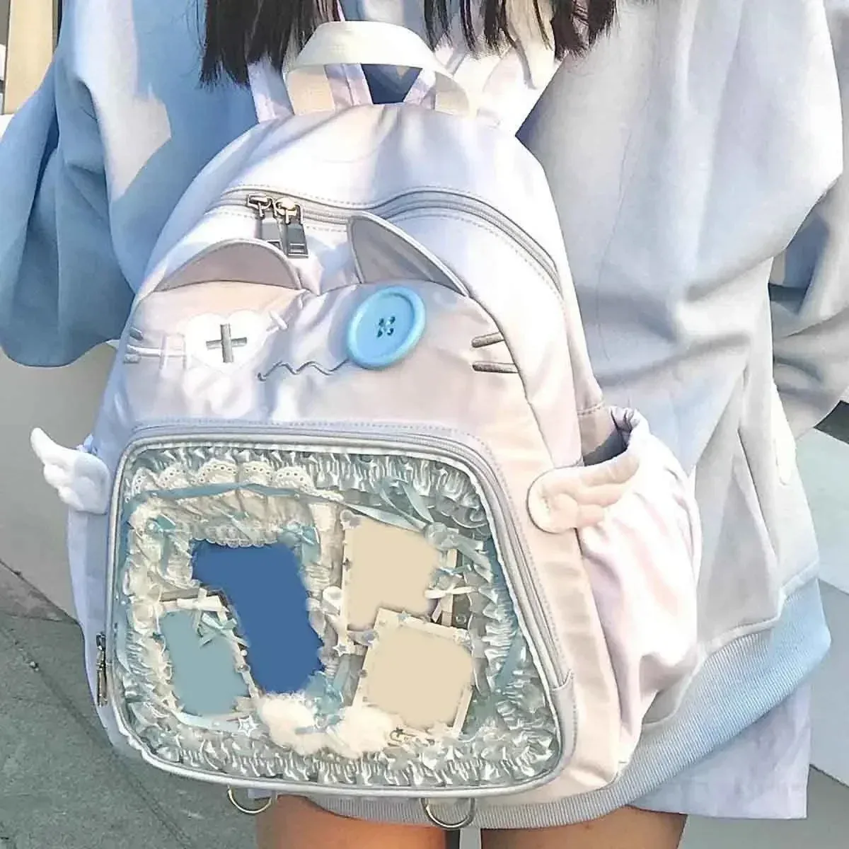 sac à dos chat mignon pour femme, sac ita transparent, sacs à dos esthétiques féminins, nylon, style japonais, mode décontractée, grande capacité