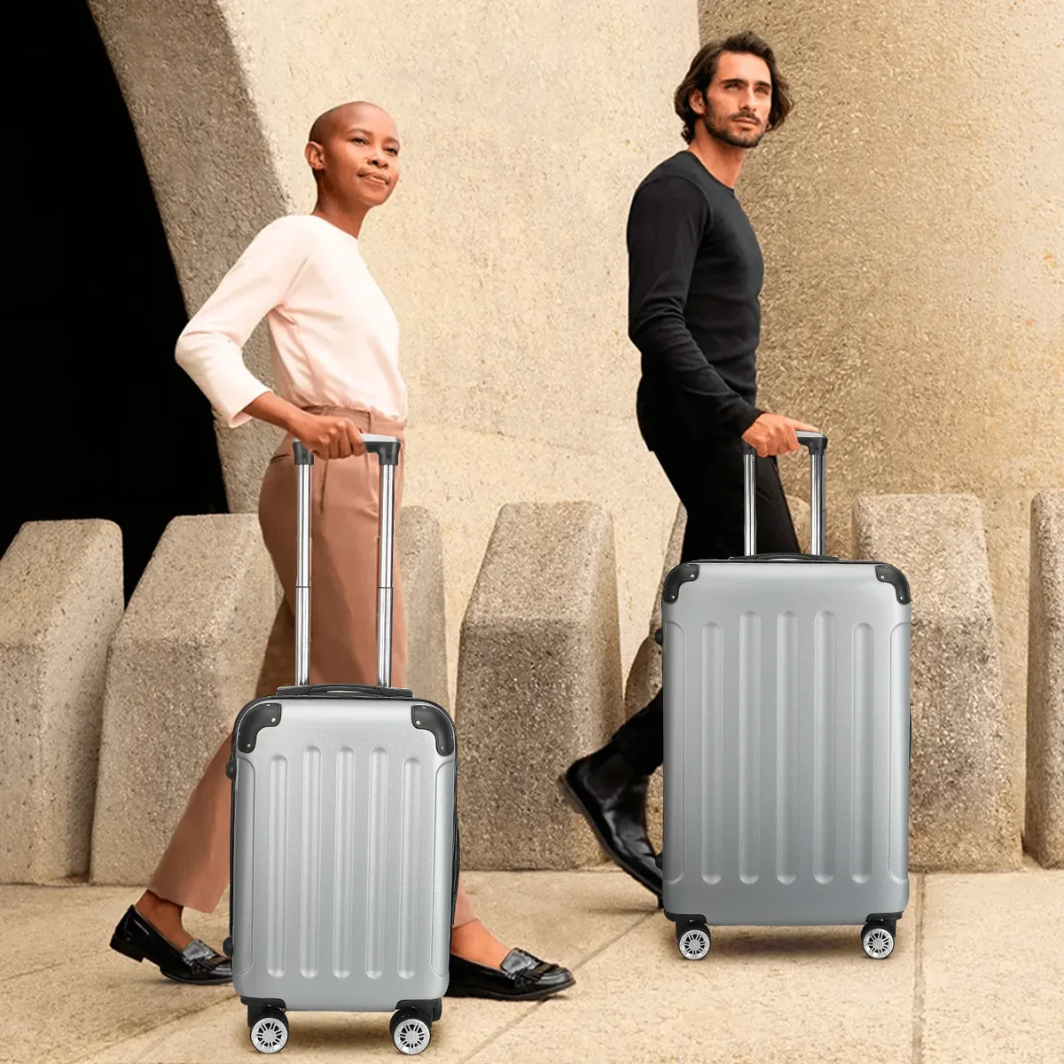 ensemble de bagages 3 pièces, valises rigides en abs avec serrure tsa et roulettes 360° ° valises à roulettes, sacs de voyage légers pour bagages à main, taille moyenne et grande, noir/gris