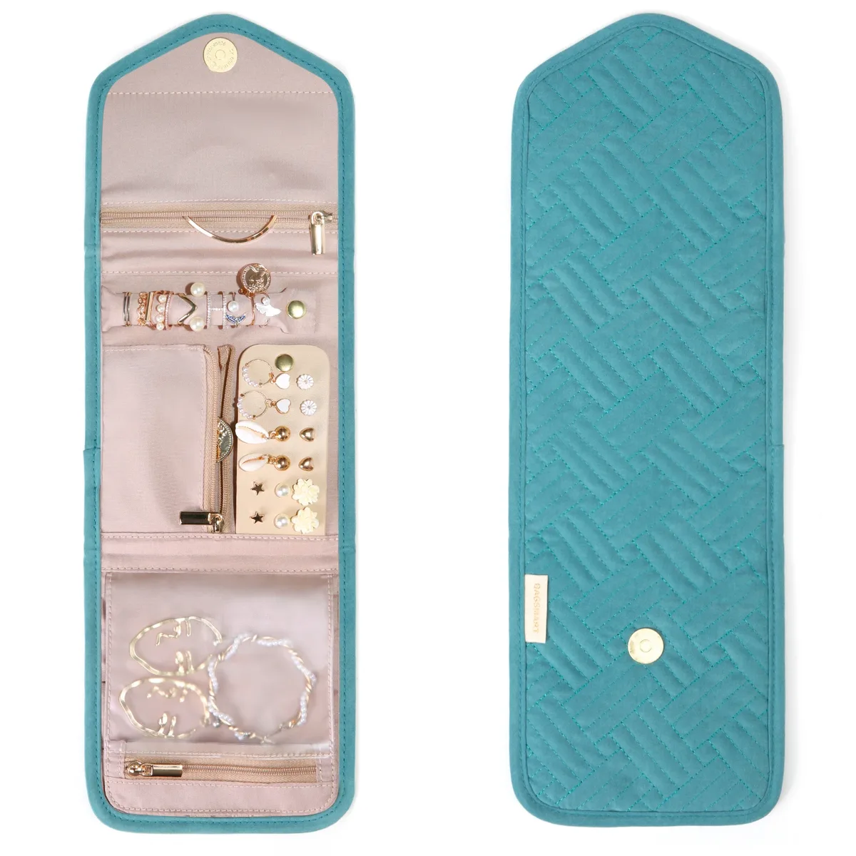 trousse toilette flanelle polyester noire beige geometrique matelasse portable voyage cosmétiques bijoux ornement doré perles blancs