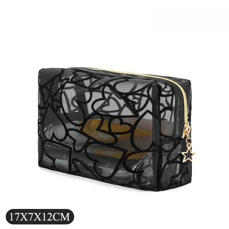 pochette de maquillage en maille floquée en forme de cœur, mini trousse de toilette portable, pochette de retouches, petite pochette de rangement rouge