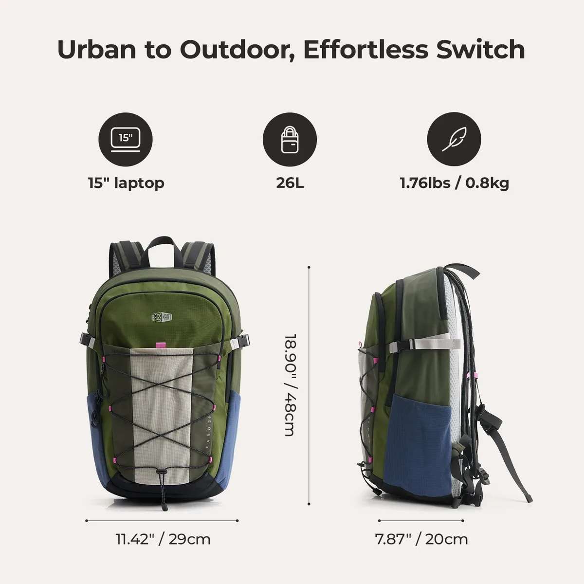sac dos nylon vert olive gris bleu rose robuste décontracté randonnée voyage polyvalent ordinateur portable compartiment rembourré fermeture éclair ykk pockets extérieurs