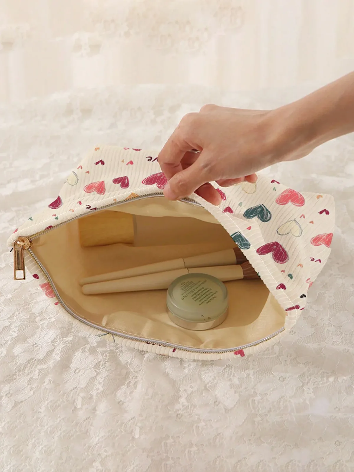 1 pièce, sac de rangement portable pour cosmétiques avec motif de cœur coloré, imprimé double face, sac de maquillage de voyage à fermeture éclair