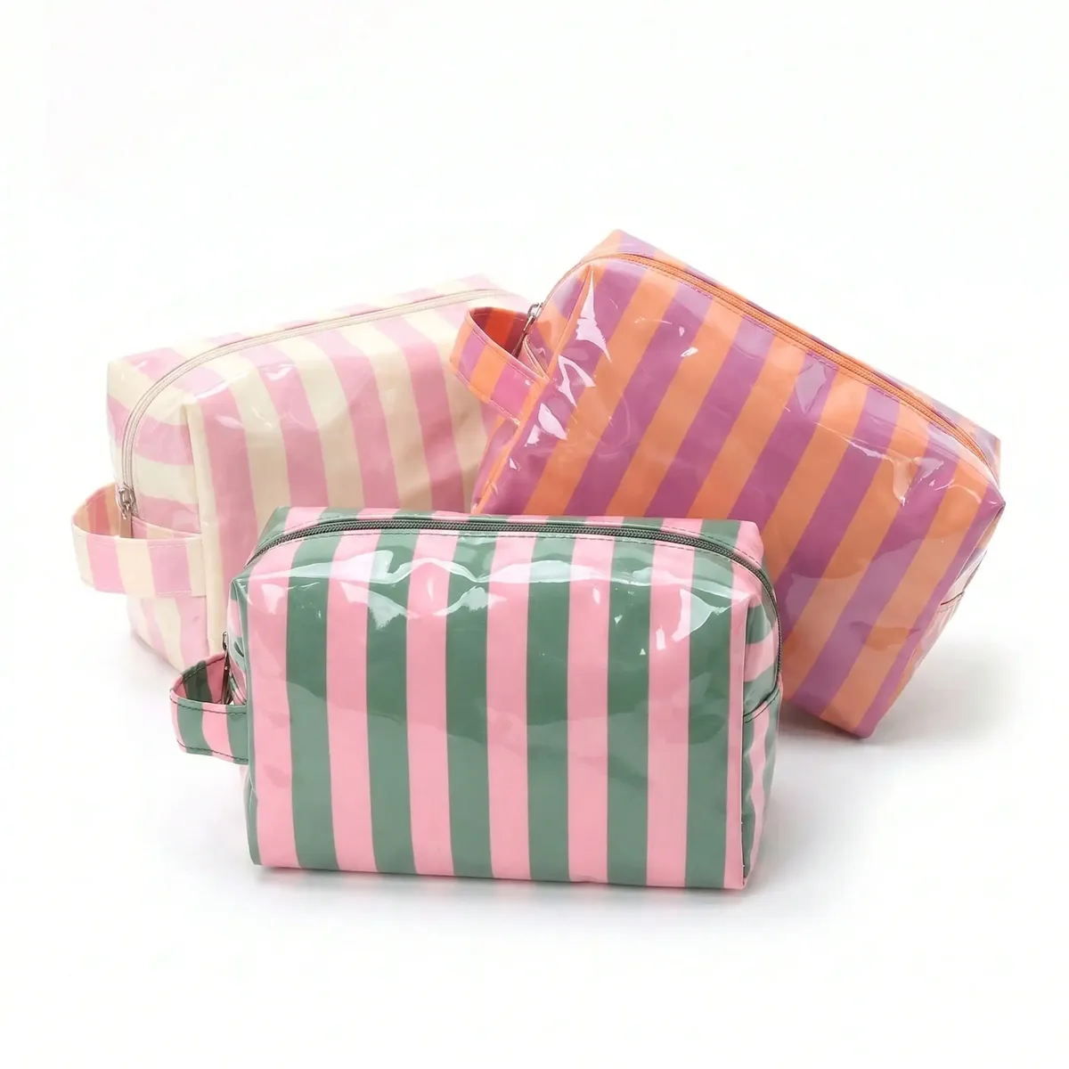 trousse de maquillage de voyage légère et de grande capacité, avec fermeture éclair à rayures et un espace dédié pour ranger les cosmétiques