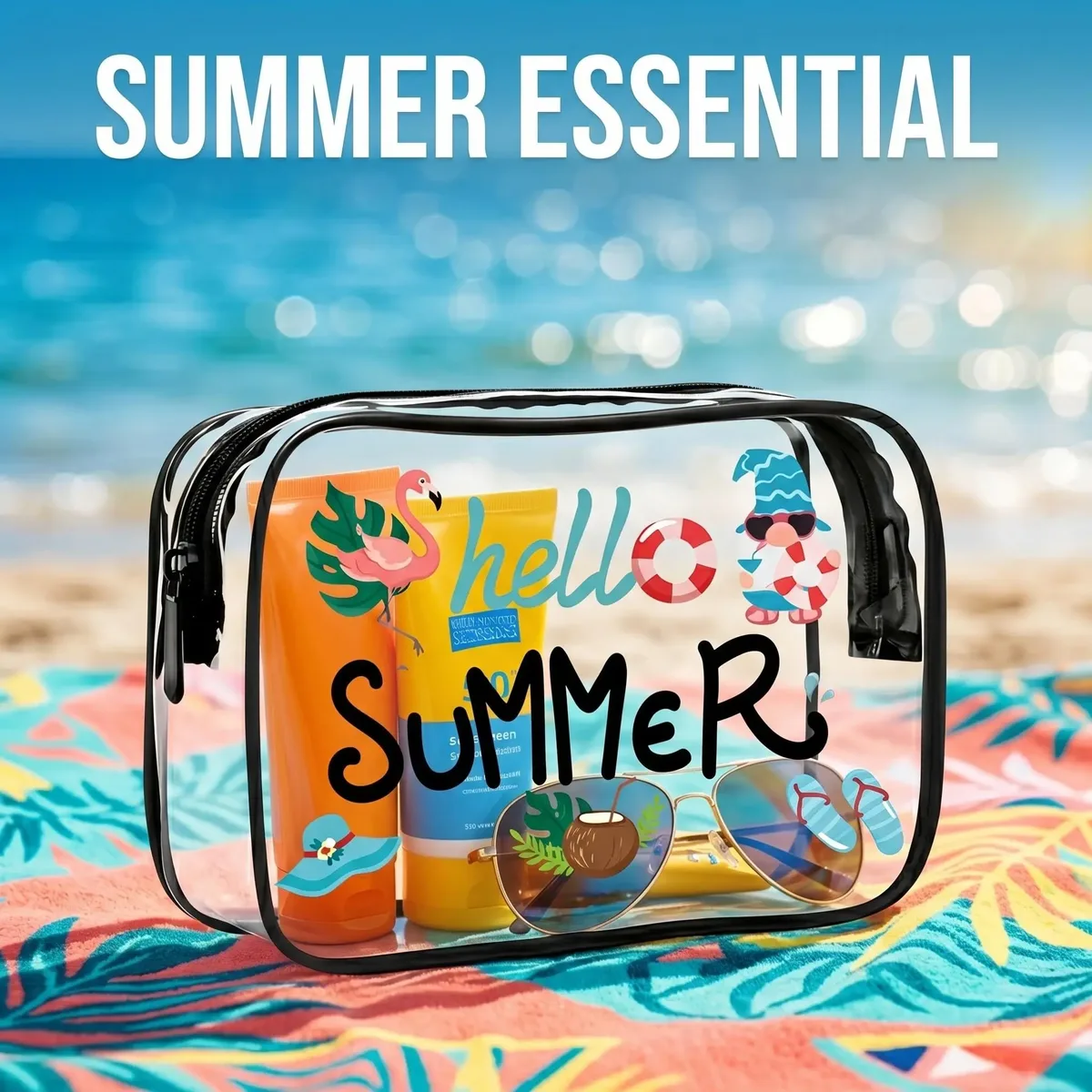 Trousse Toilette PVC Transparent Motif Hello Summer Bleu Flamants Roses Lunettes Soleil Chaussons Voyage Cosmétiques Maquillage