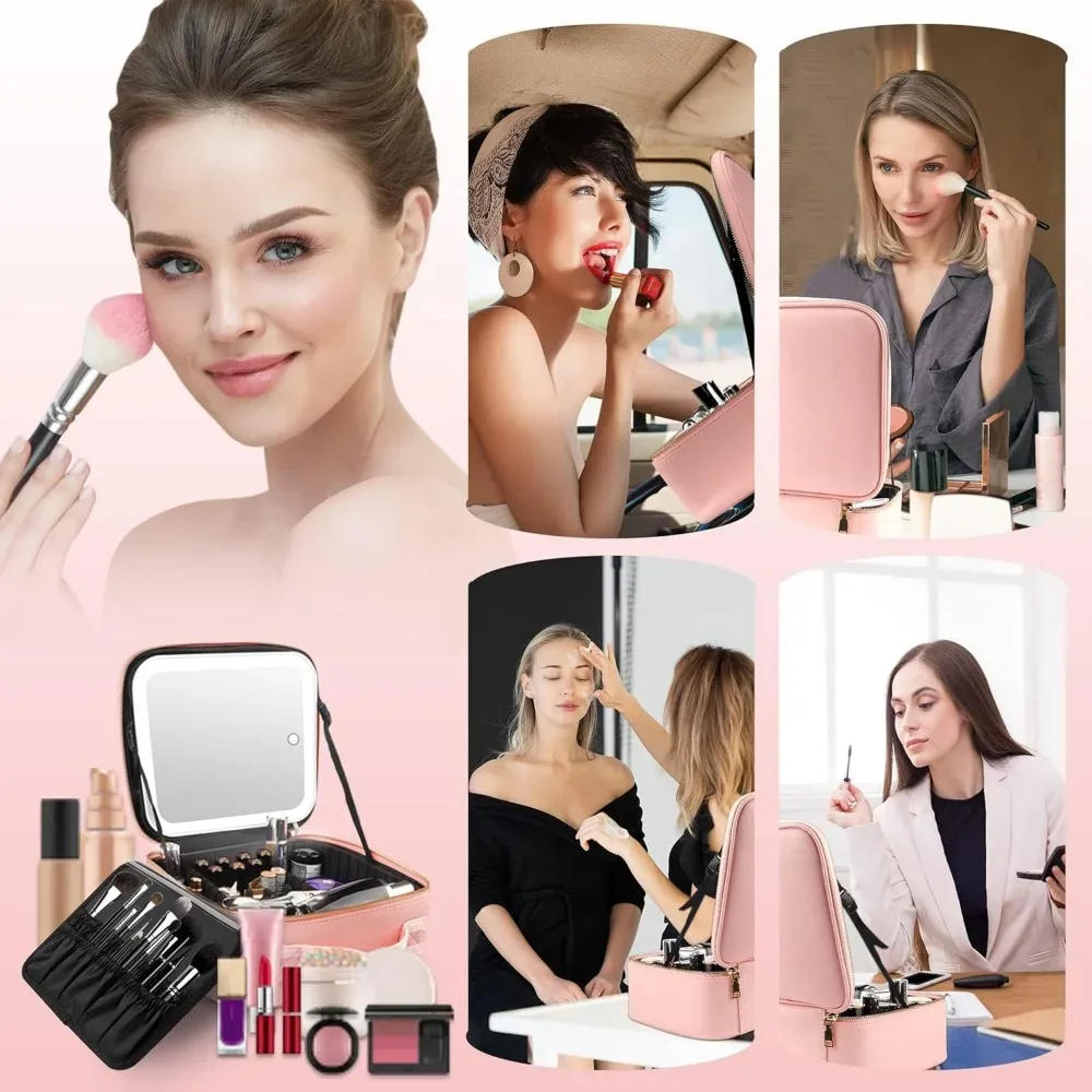 trousse de maquillage avec miroir led, grande mallette de voyage, organisateur de cosmétiques, sacs de maquillage avec 3 lumières colorées et séparateurs réglables
