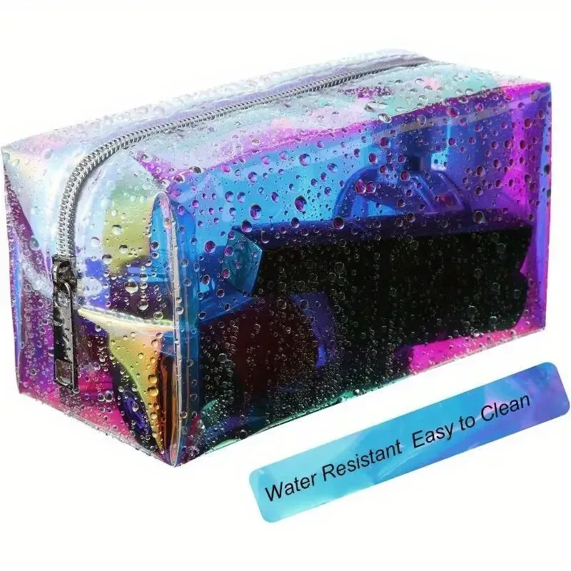 pochette voyage cosmétique tpu translucide iridescente bleu rose violet maquillage organisation plage bureau cadeau