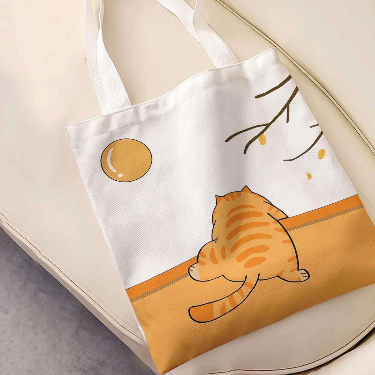 sac fourre-tout à imprimé chat tigré orange et branche d'automne, sac à bandoulière de grande capacité pour le shopping, les voyages et l'usage quotidien