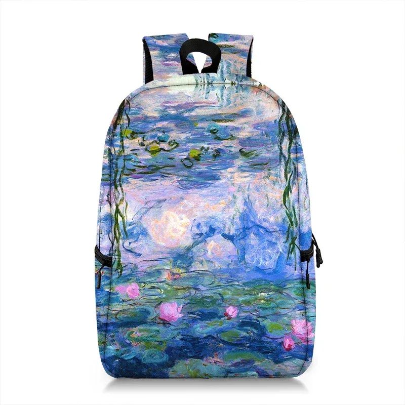 sac à dos peinture à l'huile de claude monet gustability klimt van gogh, cartable de nuit étoilée, baiser de tournesol, cartable de voyage pour femme