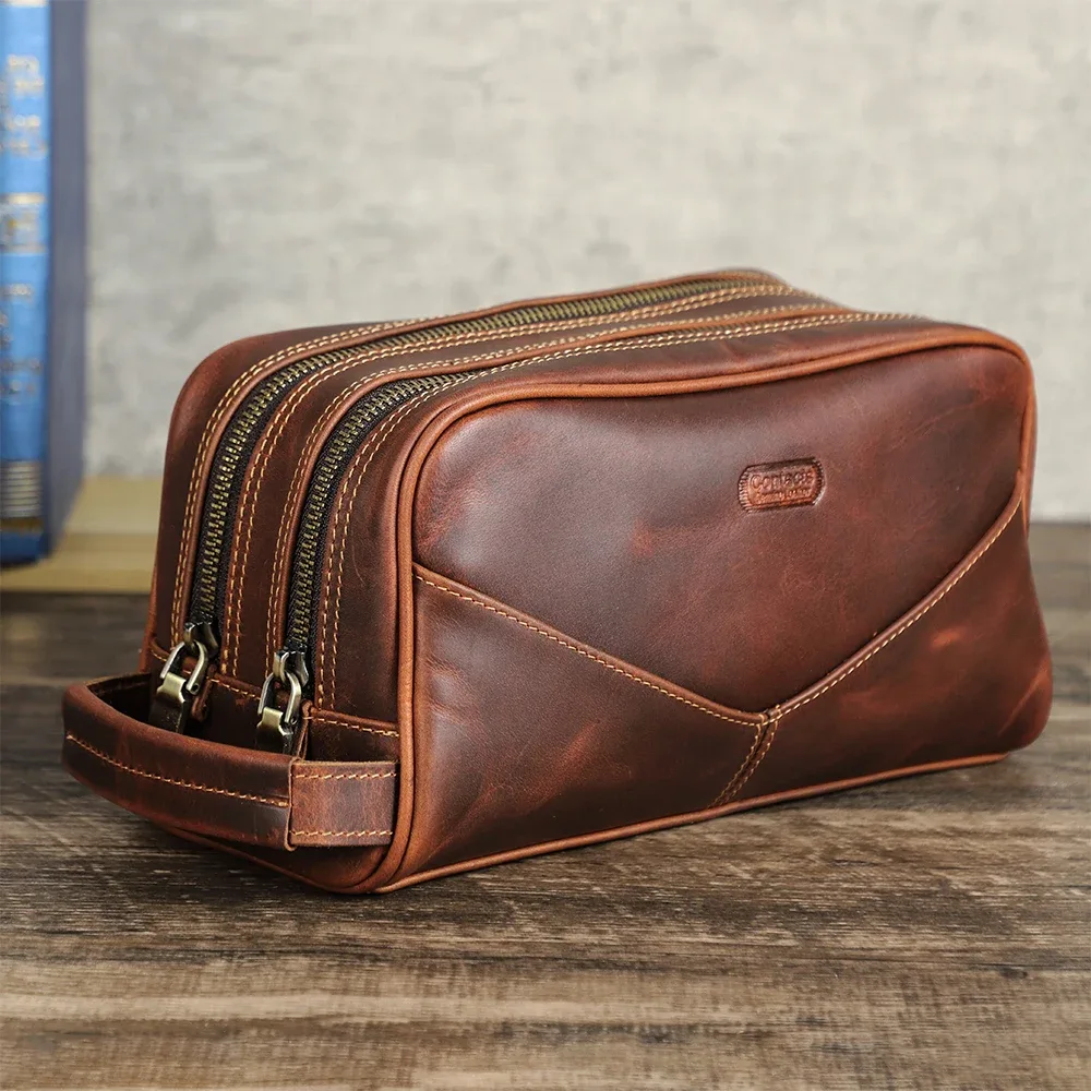 trousse de toilette pour homme en cuir crazy horse vintage, sac de maquillage, trousse de voyage, sac de rangement pour produits de beauté, double fermeture éclair, organisateur pour homme.
