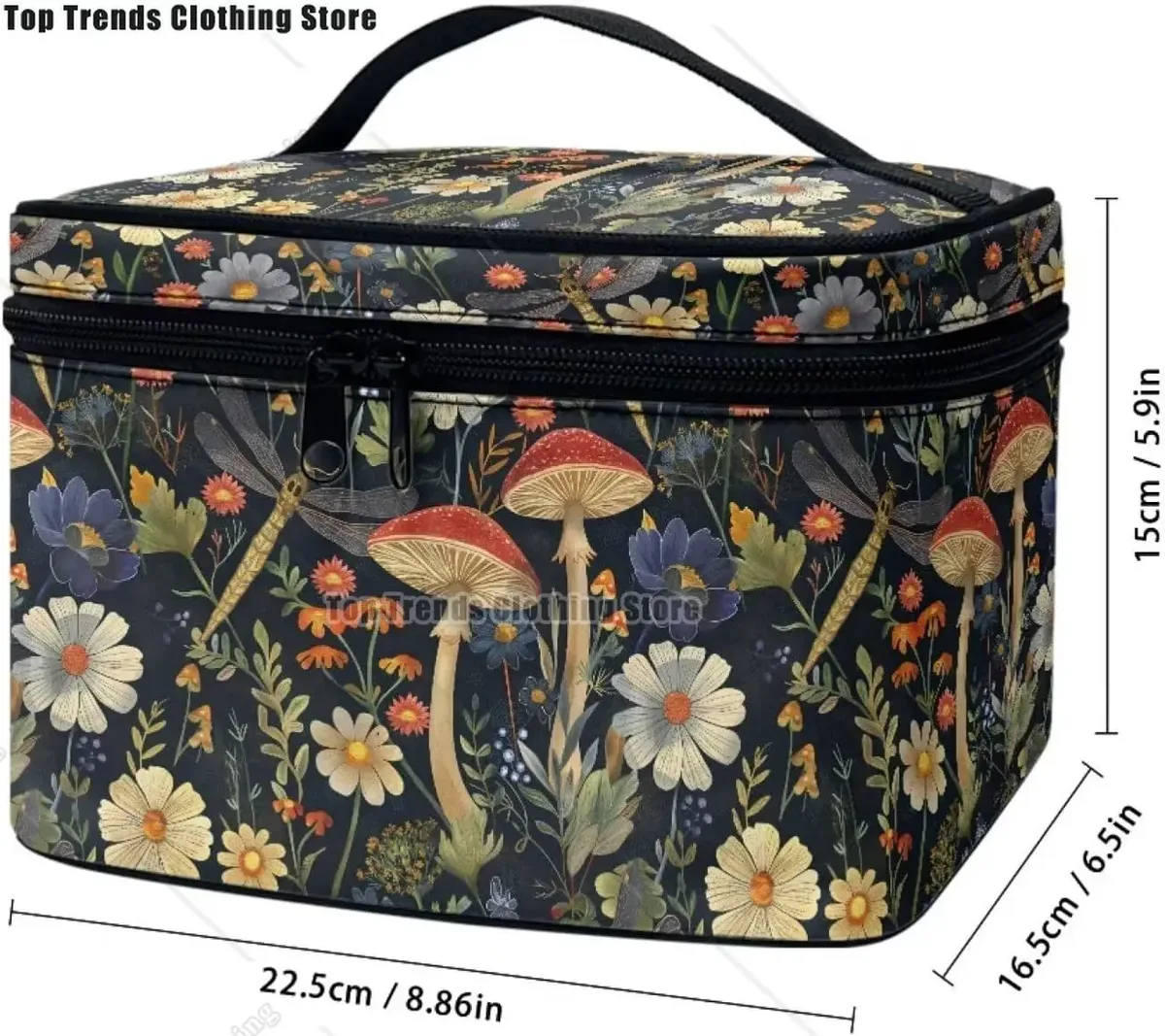 trousse polyester motif floral champignons poignée noire bleu jaune rouge vert voyage maquillage cosmétiques