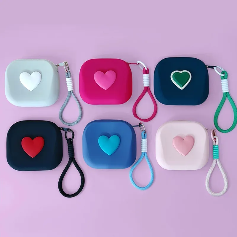 1 pièce pochette de rangement en silicone en forme de cœur, porte-monnaie, portefeuille, avec cordon tressé, organisateur portable pour câbles de données, écouteurs et clés