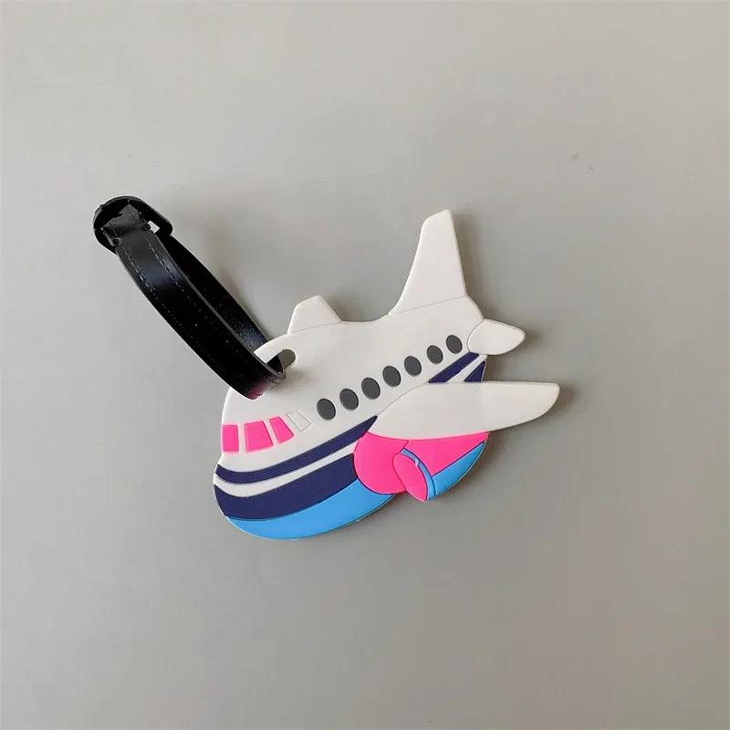 étiquette bagage plastique pvc silicone motifs dessin animé fruits animaux gâteaux licorne visages souriant coeurs avions rose blanc bleu vert jaune violet voyage