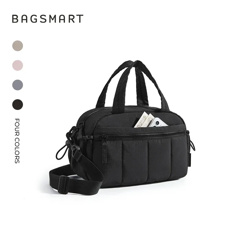 sac voyage polyester noir pochette bandoulière poignée supérieure poches zippées latérales avant usage week-end loisirs étudiants femmes