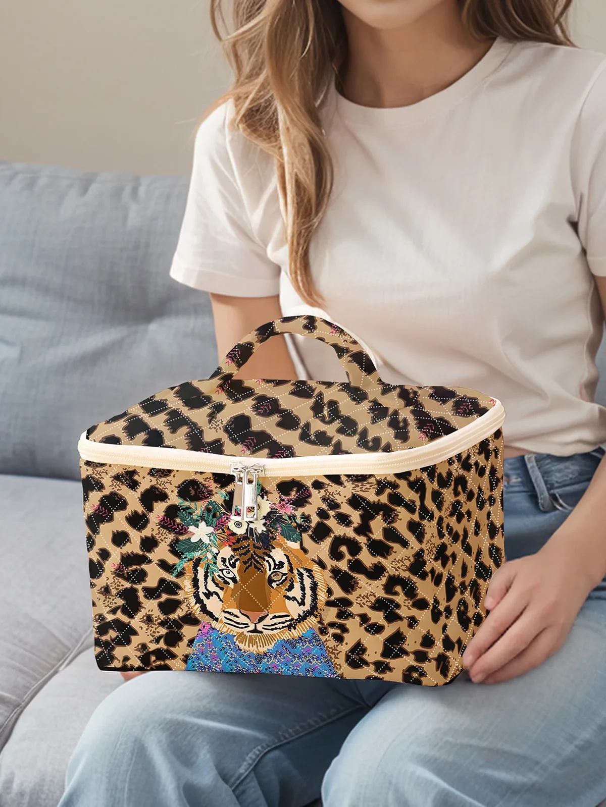 organisateur voyage polyester motif tigre léopard fleurs cube sac cosmétiques grande capacité transport cosmétiques