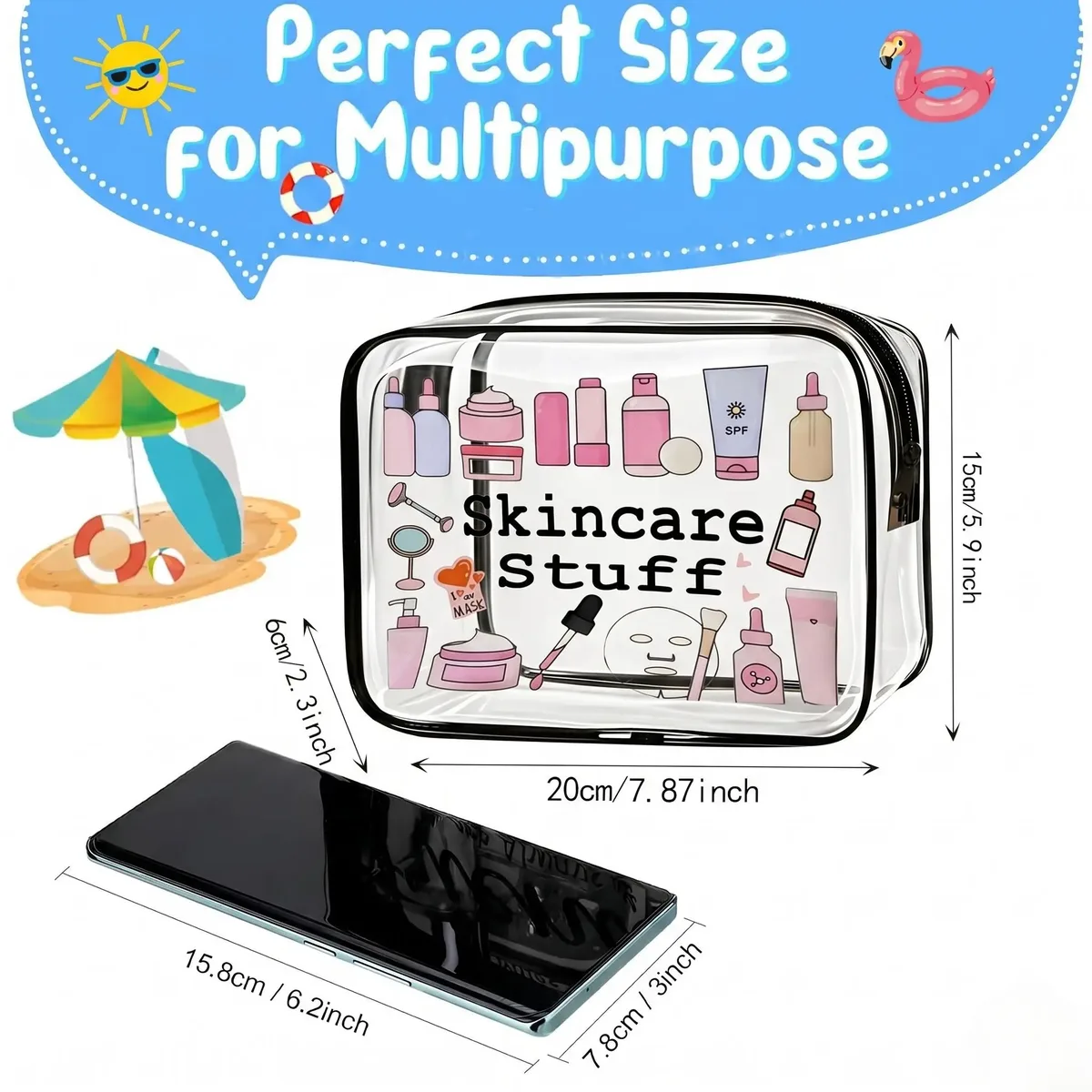 pochette cosmétique pvc transparente motif soins peau organiseur voyage femmes contenance articles toilette sécurité transport