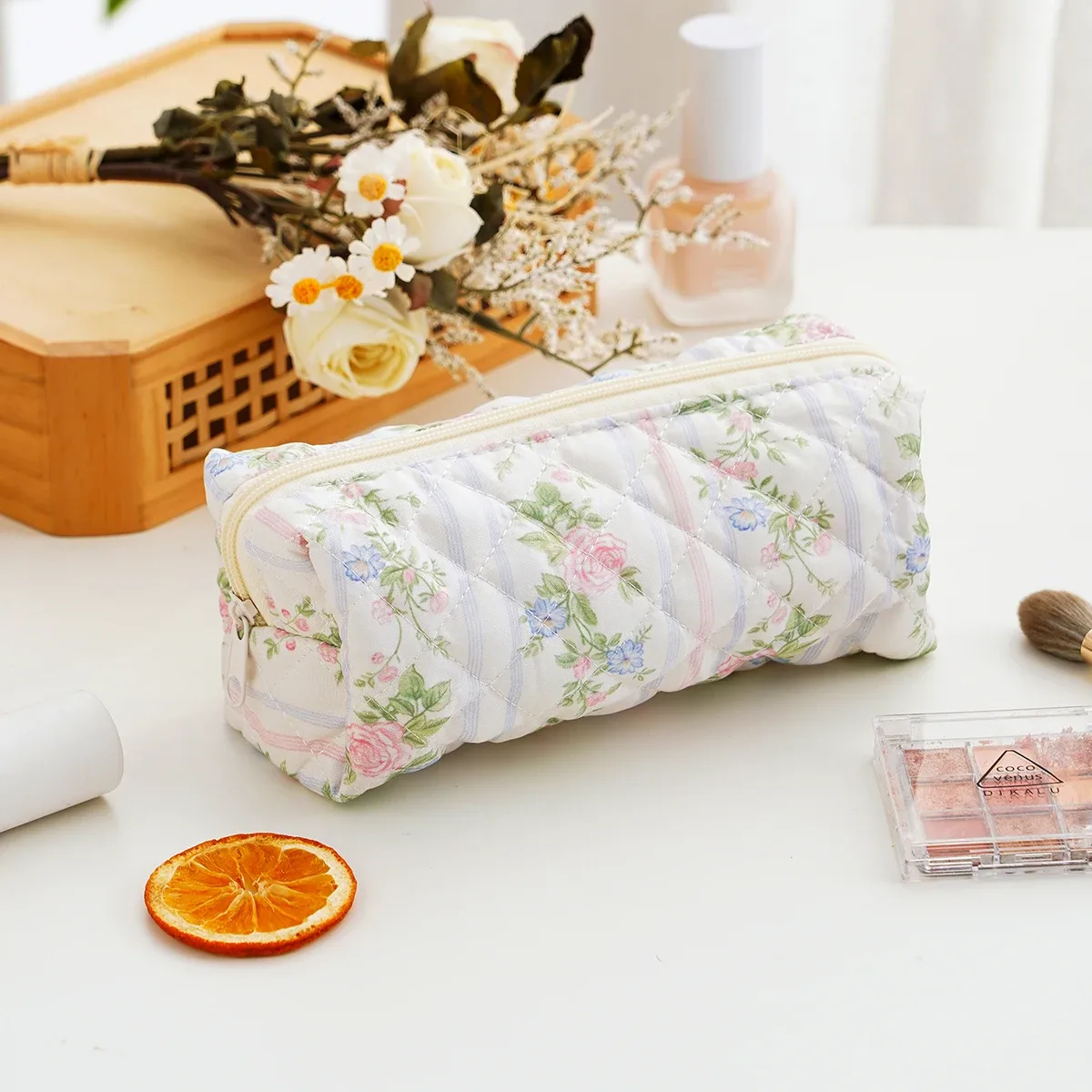 elinfant 1 sac de rangement matelassé imprimé floral, grande trousse de maquillage de voyage esthétique