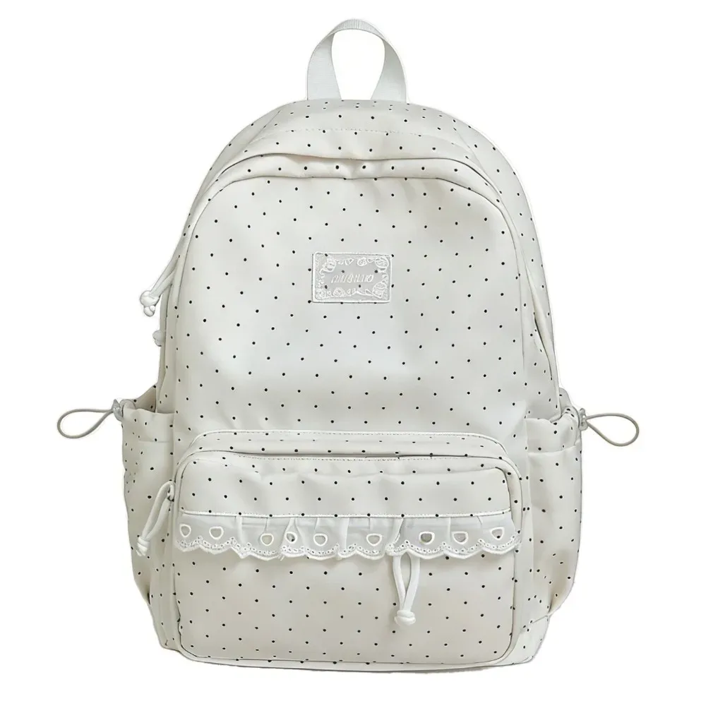 sac à dos tendance à pois, grande capacité, design avec nœud, bordure en dentelle, sac à dos minimaliste et durable pour étudiants, cadeau idéal.