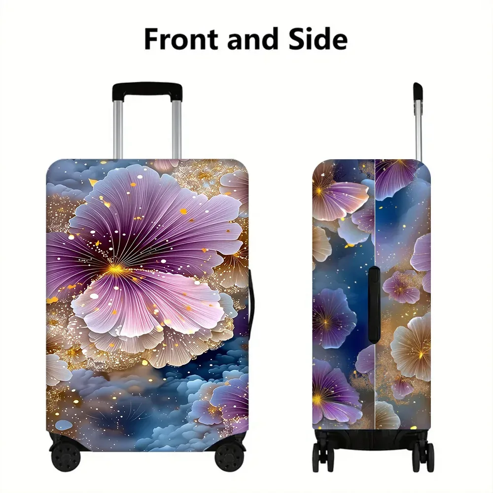 housse valise polyester motif floral violet bleu nuit fleur dorée protection voyage taille moyenne