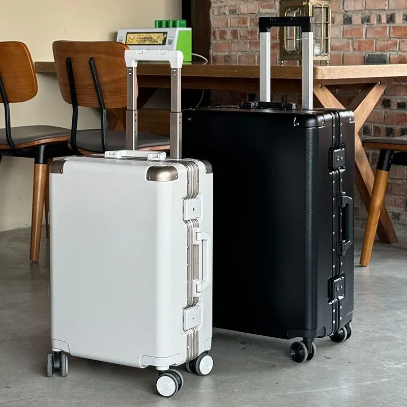 valise de voyage grande capacité couleur unie avec serrure à code, cadre en aluminium, cage à roulettes de luxe pour hommes et femmes