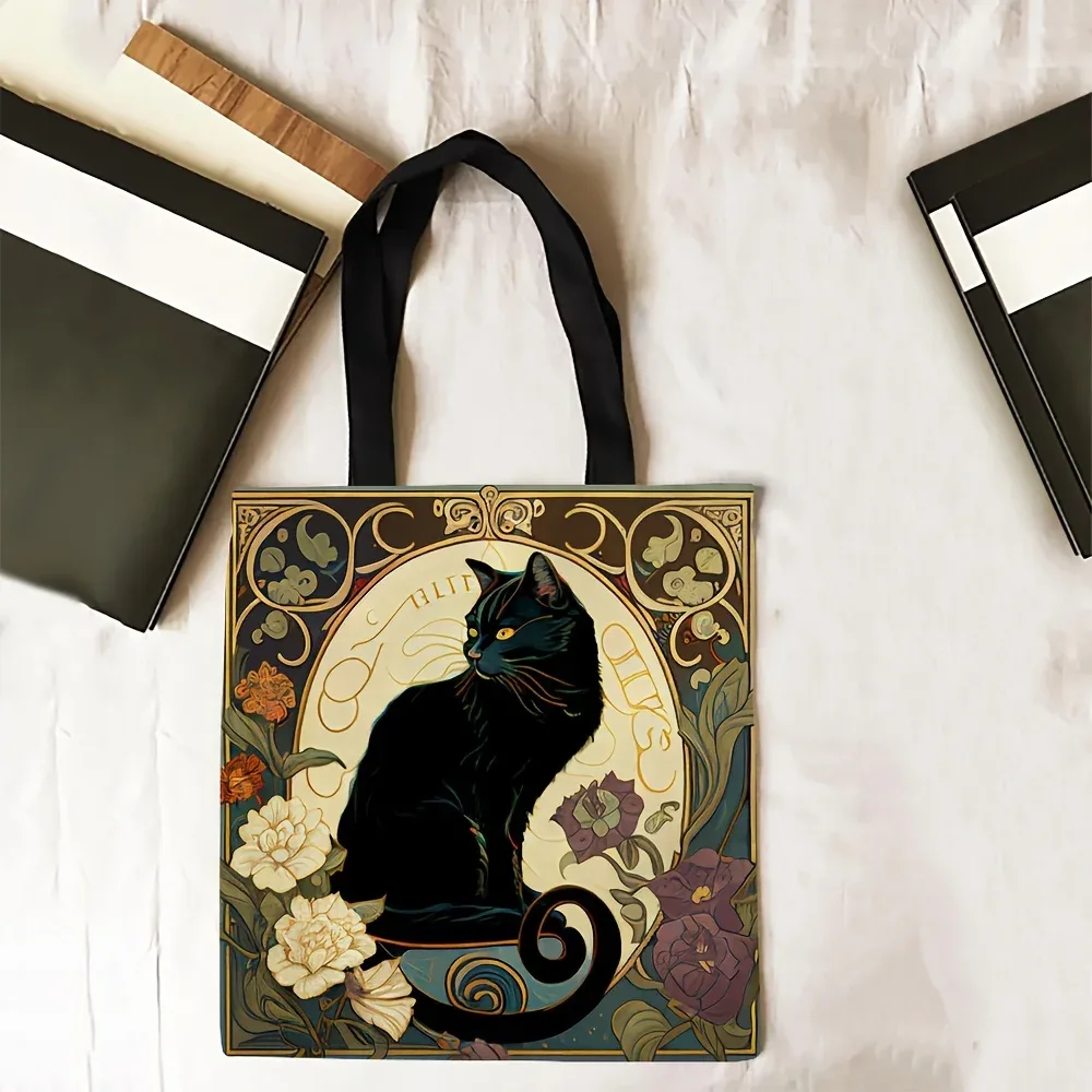 sac fourre-tout rétro art noble chat noir, sac à bandoulière à la mode, sac de courses léger quotidien en tissu de lin 40x40cm, sac à main
