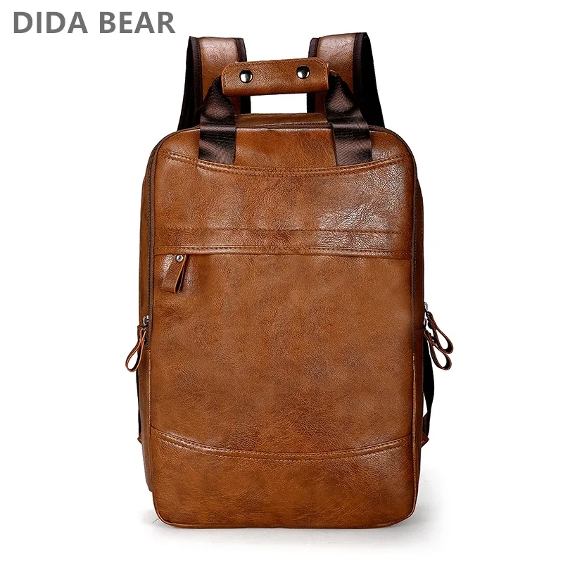 sac dos cuir pu noir marron hommes couverture souple grand ordinateur portable bandoulière arquée jacquard preppy