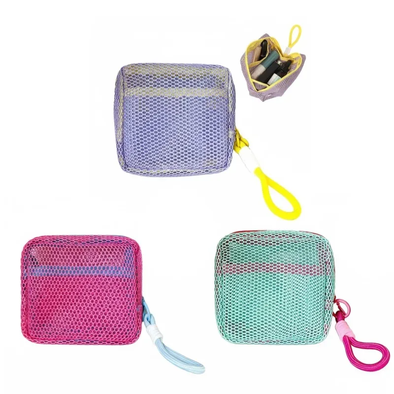 mini pochette en maille dopamine, étui carré coloré pour écouteurs, trousse à cosmétiques portable pour rouge à lèvres, organiseur de rangement respirant pour articles de toilette