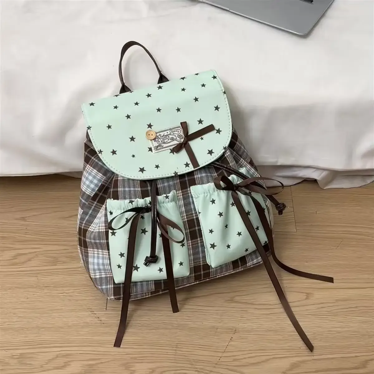 sac à dos coréen à carreaux et imprimé étoiles pour femmes, sac d'école à cordon avec nœud, esthétique y2k, sac de voyage décontracté pour adolescentes