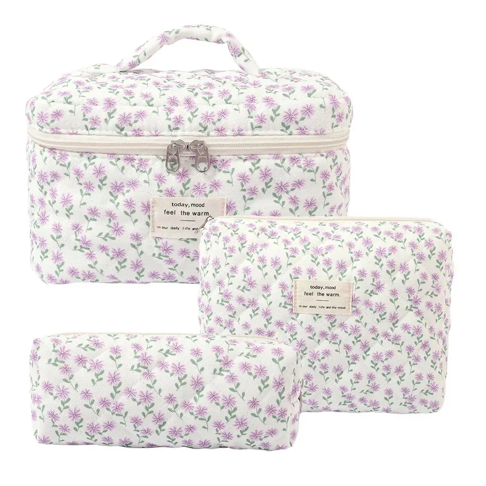 sac de maquillage en coton à fleurs mignonnes pour femmes, 1 pièce, organisateur de cosmétiques à fermeture éclair, sac à main en tissu en forme de boîte, trousse de toilette portable pour filles