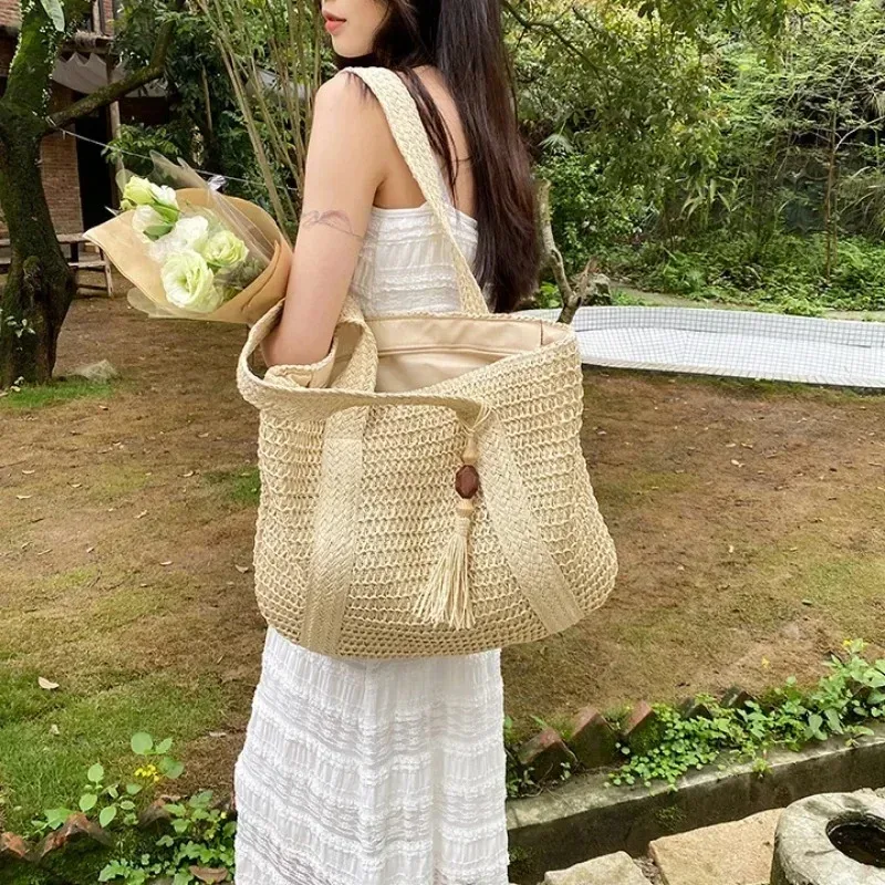 sac à main élégant en paille tressée pour femme, sac fourre-tout rétro à poignée supérieure, sac à bandoulière décontracté pour la plage, les vacances et les trajets quotidiens