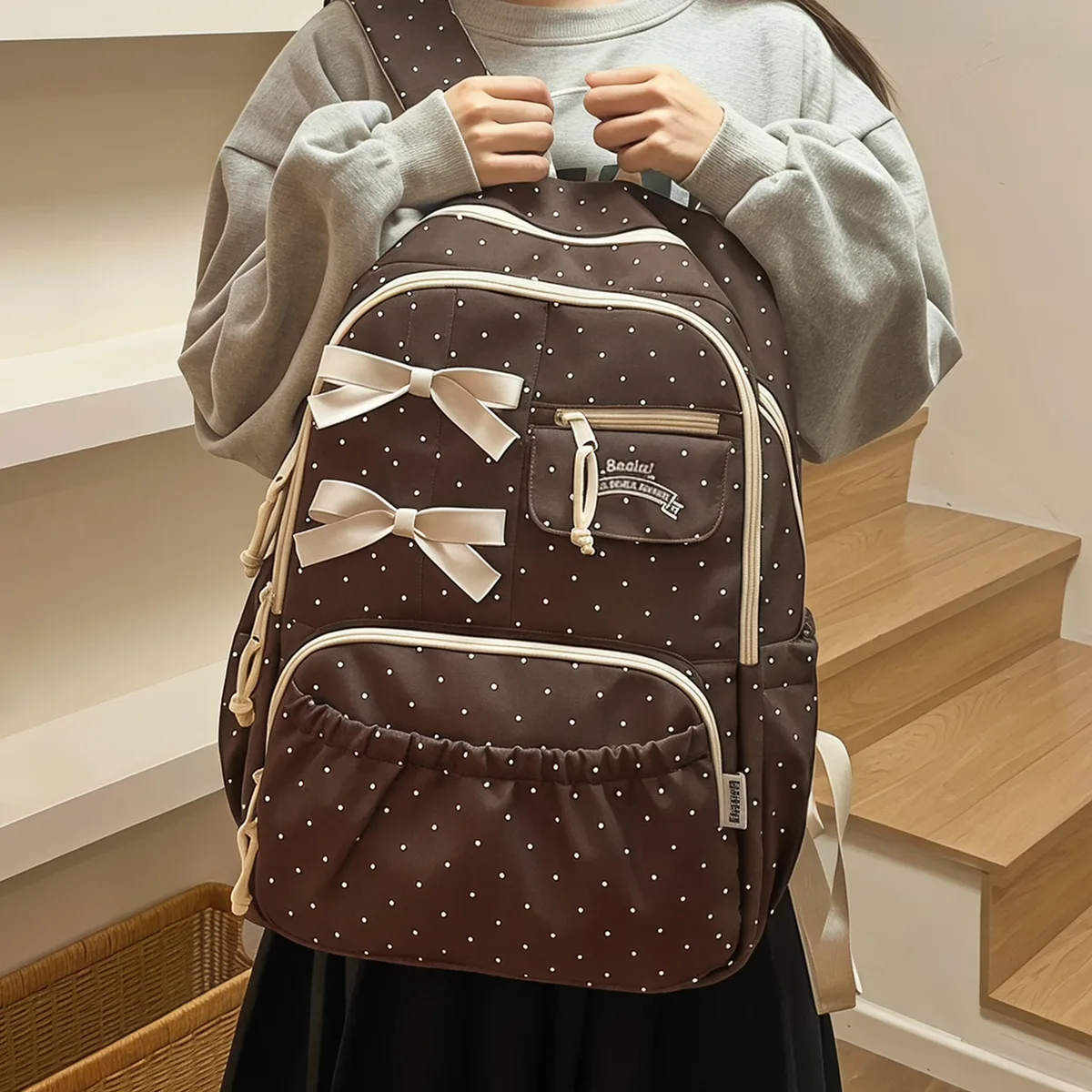 sac mignon et kawaii pour filles, sac à dos esthétique à pois et nœud, léger, multi-compartiments, bretelles respirantes