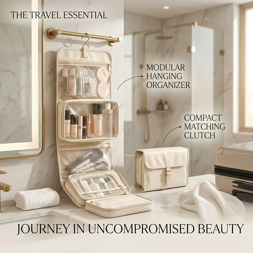 trousse de toilette suspendue grande capacité pour femme, organisateur de voyage imperméable avec séparation sec/humide, pochette de lavage pliable
