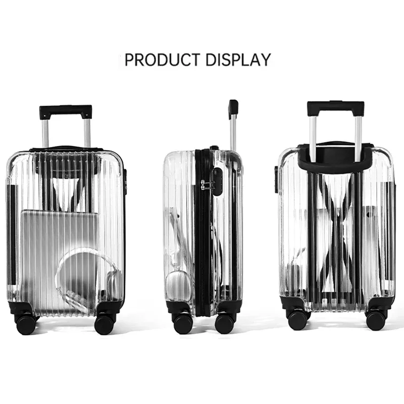 valise à main transparente pour pc, ultra légère, valise de cabine de 20/24 pouces, sac de voyage à la mode sur roulettes