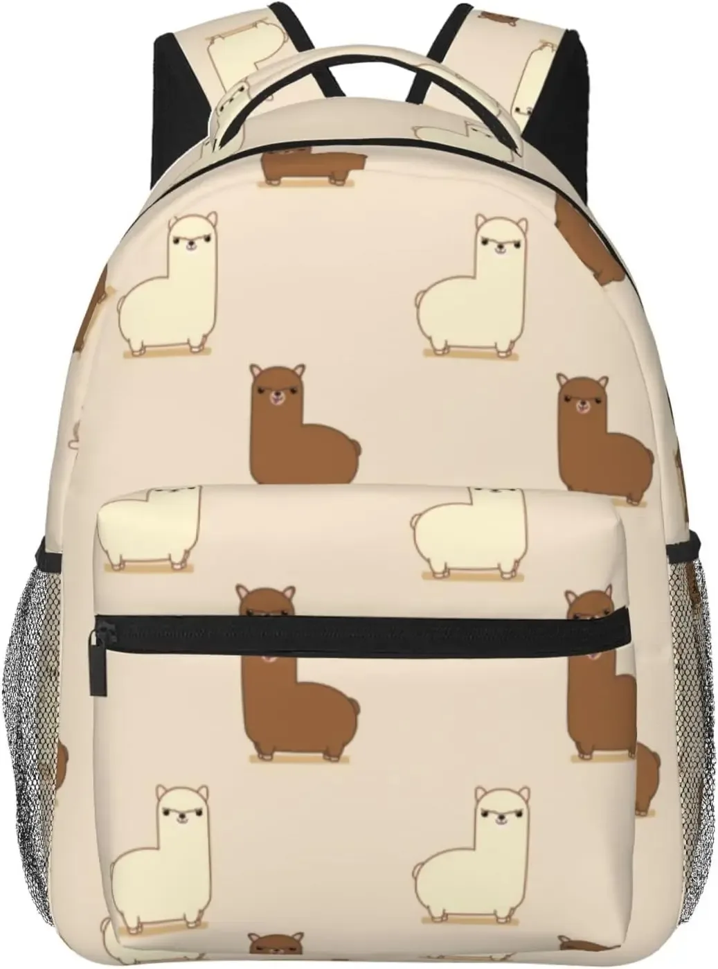 sac dos polyester noir motif lamas fruits vert pastel format rectangulaire sangle chaîne fermeture éclair poche intérieure zippée usage voyage école université