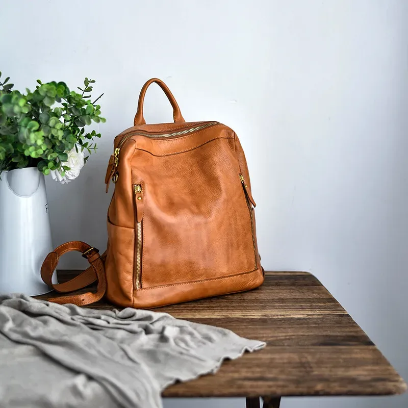 sacs à dos simples vintage de créateur en cuir véritable faits à la main pour femmes, sacs d'école de luxe en cuir de vache pour voyages de week-end en plein air