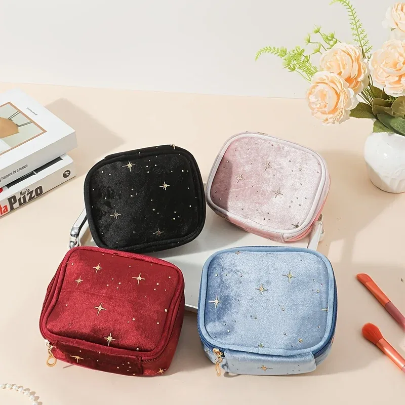 nouvelle trousse de maquillage scintillante en velours 2026, grande capacité, pochette multi-usages avec fermeture éclair dorée pour maquillage et monnaie, 4 couleurs