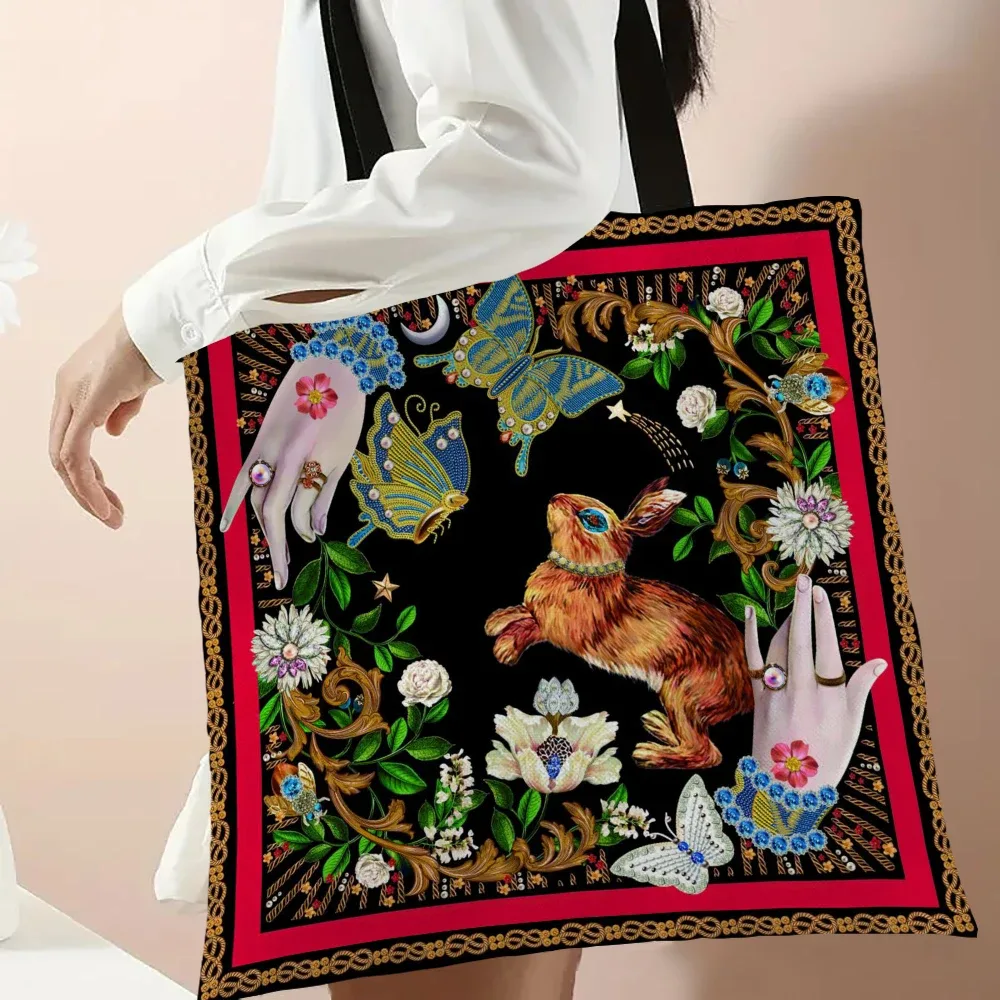 sac fourre-tout en tissu de lin pour femmes, sac de shopping vintage floral lapin dessin animé lapin graphique étudiant sac à main décontracté sac latéral pour dames