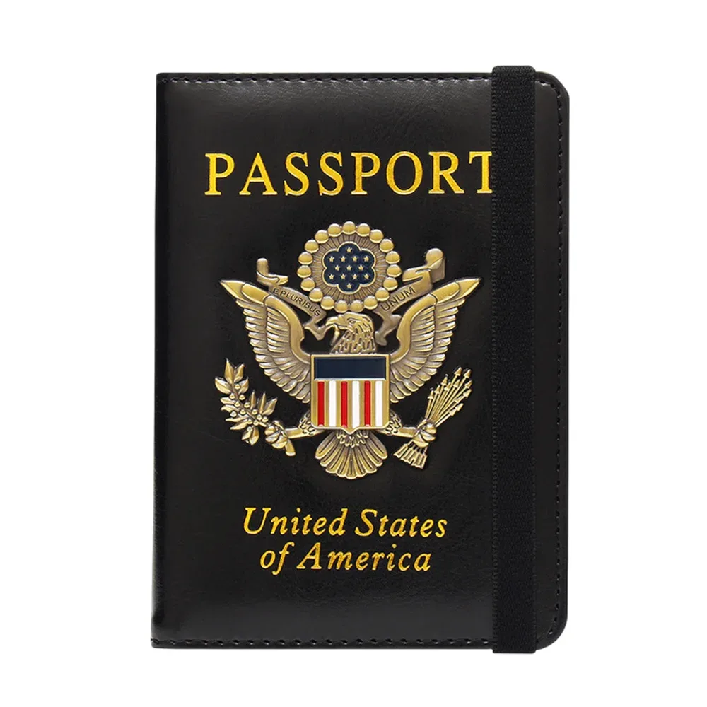 porte-passeport anti-rfid en cuir avec emblème métallique aigle américain, portefeuille de voyage, étui de protection pour documents pour hommes et femmes