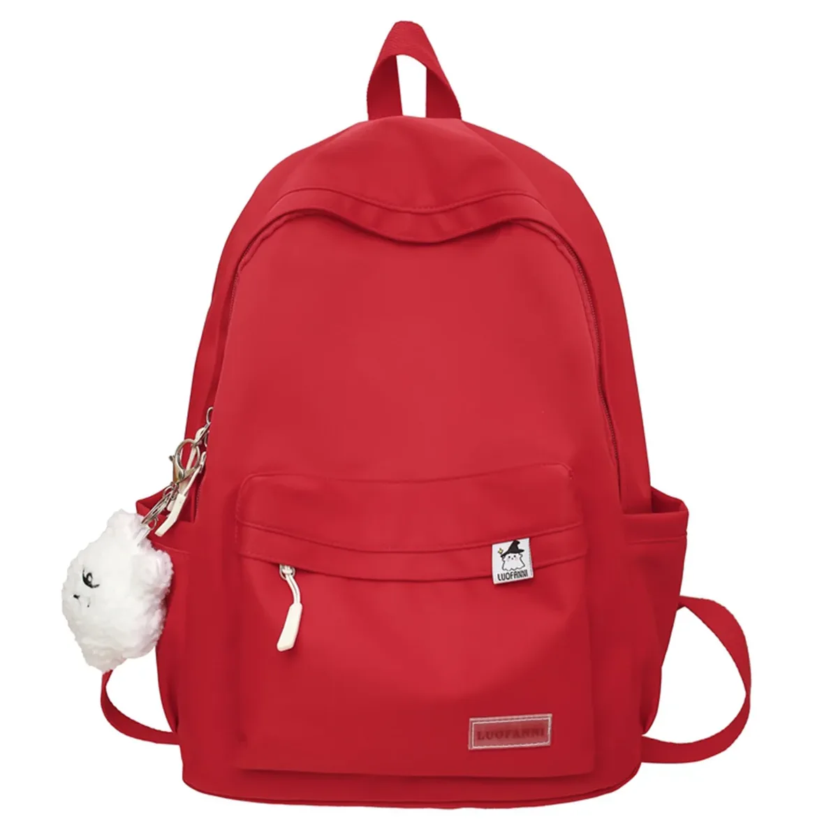 sac dos nylon imperméable vert pastel rouge beige noir poche avant zippée pomponneuse blanche bandoulière arquée usage voyage