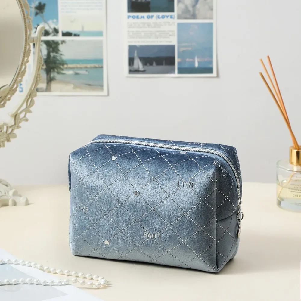trousse de toilette en velours doux pour femme, sac cosmétique portable, motif étoile estampé à chaud, sac de rangement de maquillage avec fermeture éclair, haute qualité