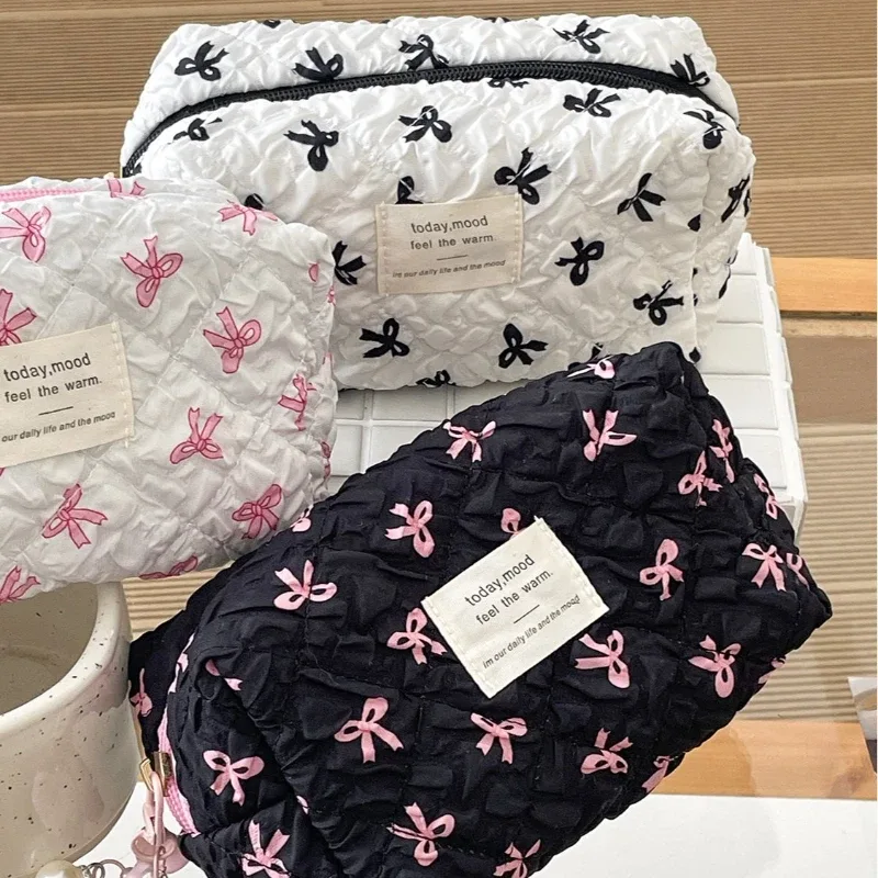 pochette carrée pour femmes, sac de maquillage, portable, mignon, pochette de rangement de cosmétiques et de toilette, sac à main imprimé avec nœud, sac à fermeture éclair