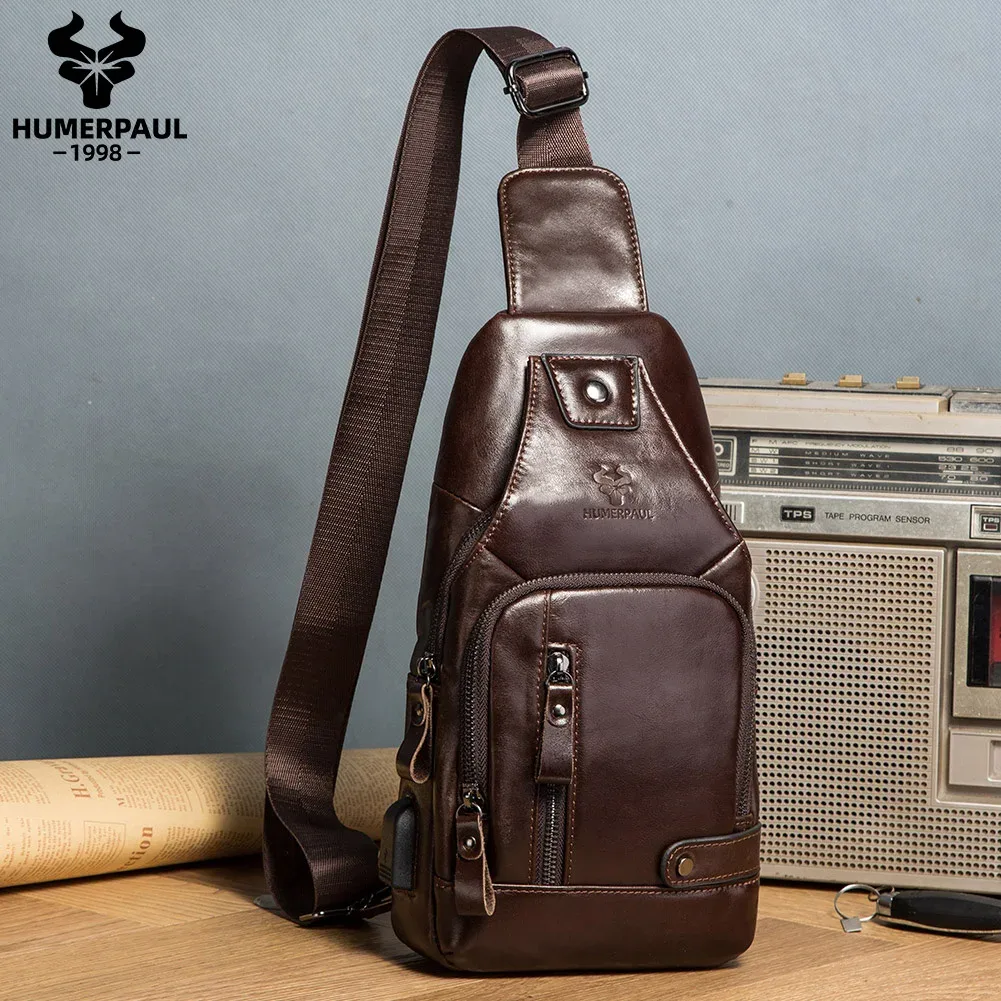 humerpaul-sac de poitrine usb pour homme, 100% cuir véritable, sacs à bandoulière initiés, sac de messager extérieur multifonction, mode