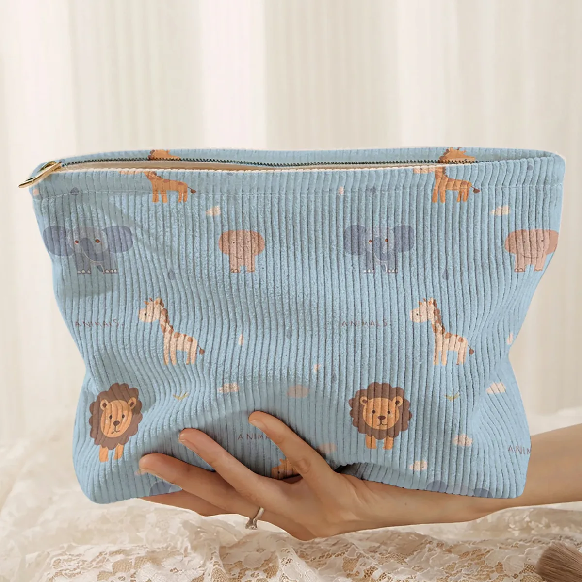 1. trousse de maquillage en velours côtelé à motifs animaliers, boîte de rangement légère à fermeture éclair, sac multifonctionnel avec doublure