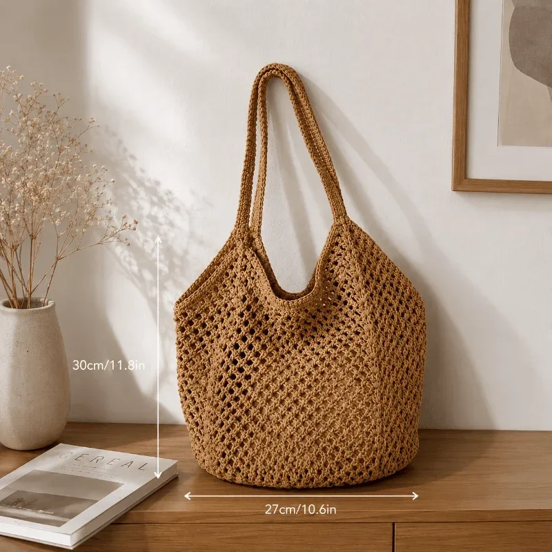 sac fourre-tout tissé de grande capacité pour femmes, sac à main léger et respirant à ouverture supérieure pour la plage, les voyages, le shopping, les trajets quotidiens.