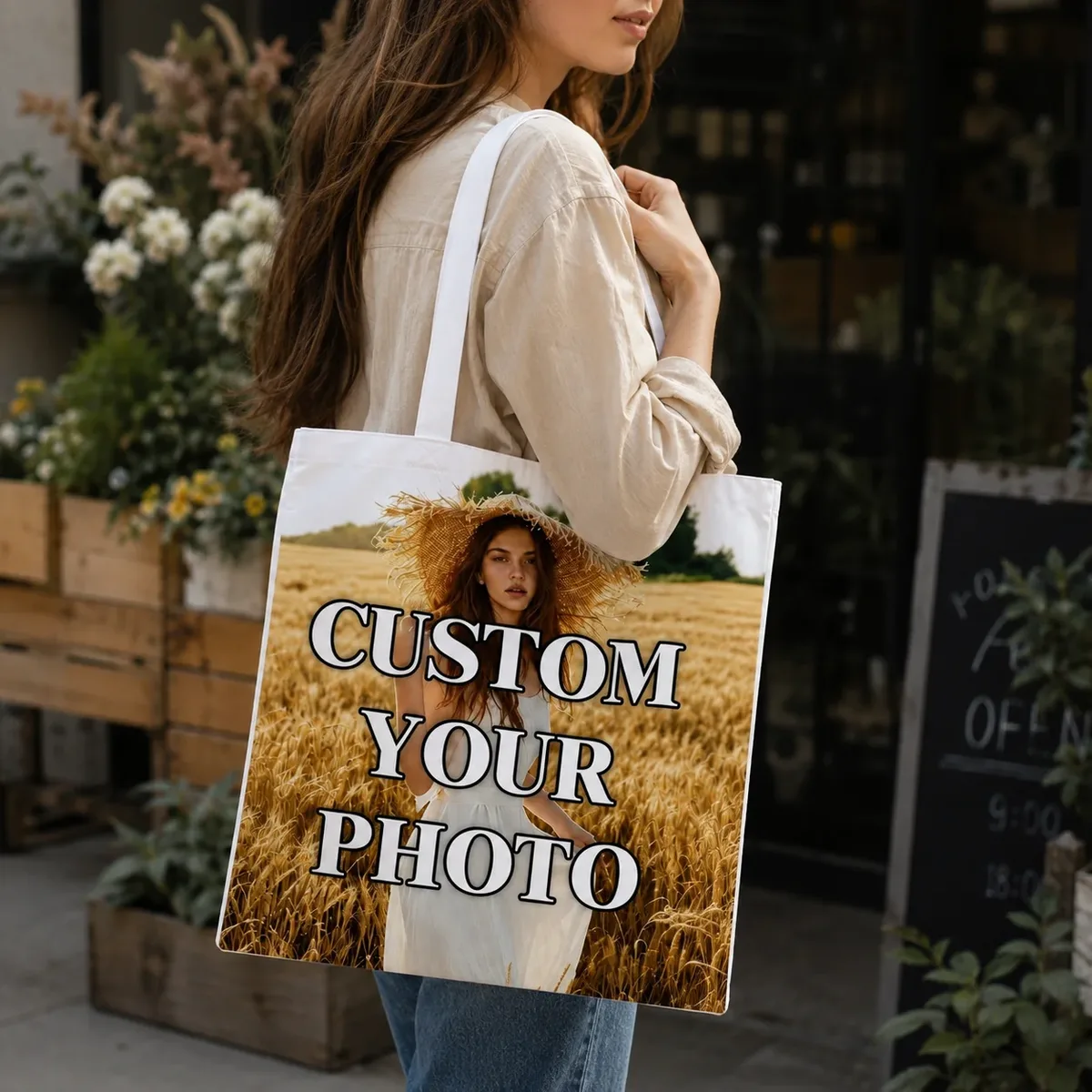 sac fourre-tout personnalisé en toile avec photo, imprimez votre propre image, grande capacité, sac à bandoulière réutilisable, sac de shopping personnalisé ﻿