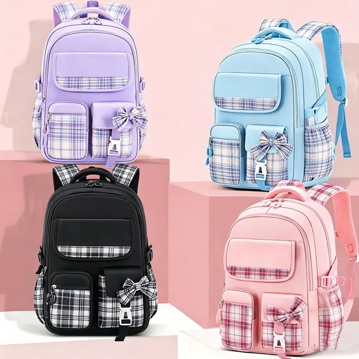 sac à dos à carreaux pour protection de la colonne vertébrale, ergonomique, pour élèves du primaire, filles, grande capacité, léger et étanche