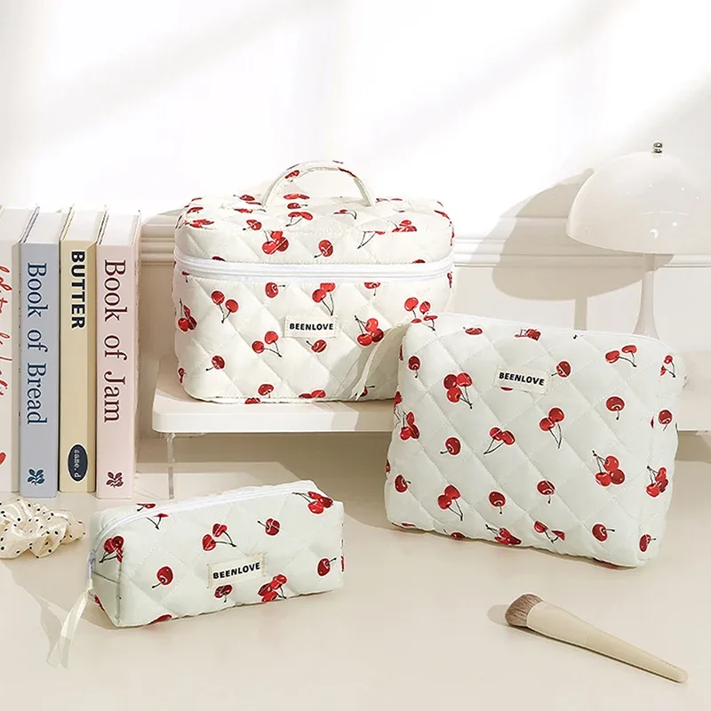 trousse à cosmétiques en coton matelassé pour femme, jolie trousse de toilette portable, organisateur, fleur à fermeture éclair, lavage de voyage, aucun imprimé