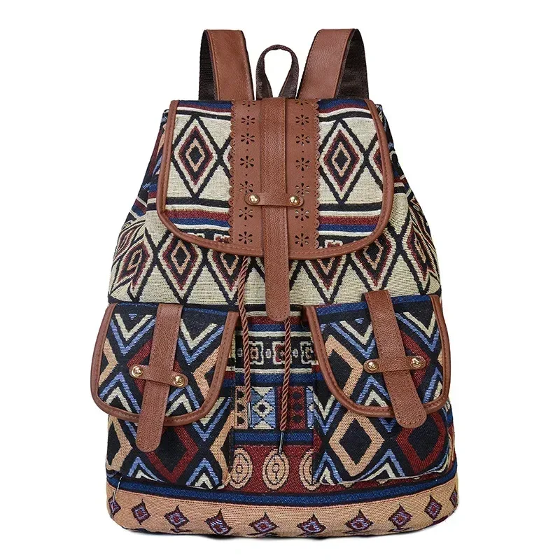nouveau modèle ethnique rétro sac à dos toile sac à main mode personnalité voyage cordon petit sac à dos 14 pouces sacs à dos de voyage