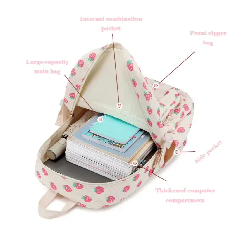 lot de 3 sacs à dos en velours côtelé motif fraise, multifonctionnels, pour l'école, les voyages, grande capacité, légers, pour étudiants